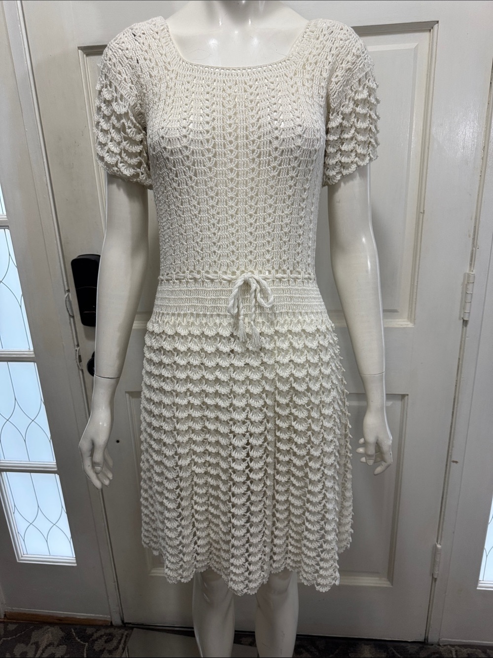 Vintage 1970s Cream Crochet Dress Boho Hippie Festival Mini Dress XS S M